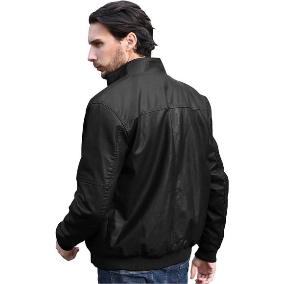 Men's Black Leather Stand Collar Fleece Lined Bomber Faux Jacket - Picture 4 of 8